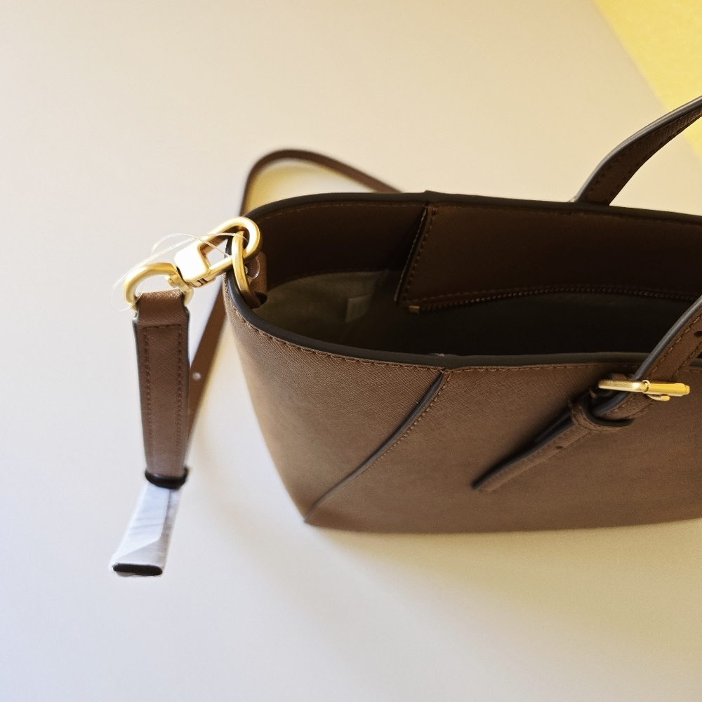 Tory Burch Emerson Top Zip Tote Moose Brown Saffiano Leather Crossbody Bag - Picture 9 of 16